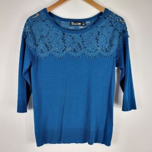 New York & Company Floral Lace Fringe Half Sleeve Knit Top